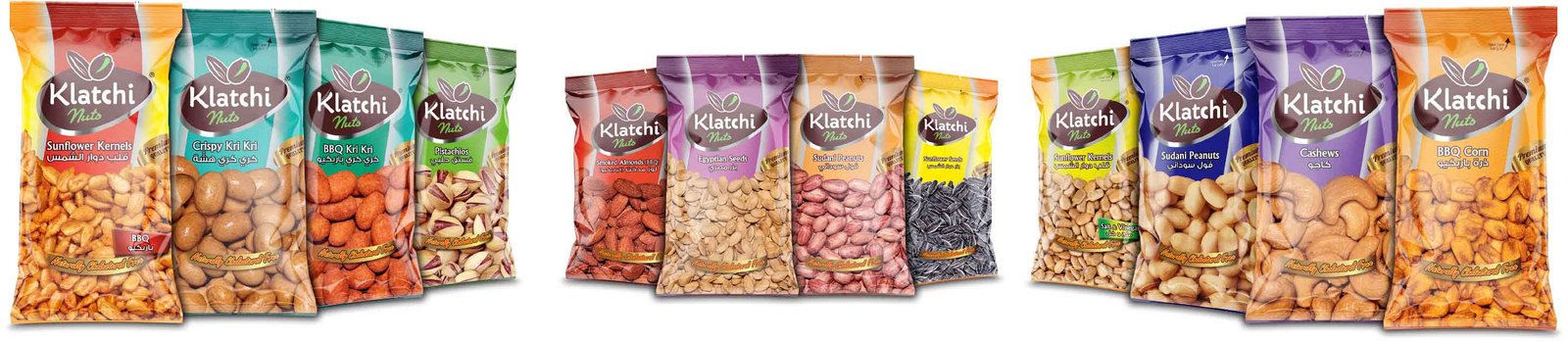 Different types of small bags filled with klatchi nuts 